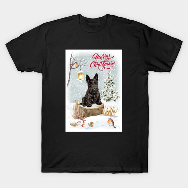 Scottish Terrier Scottie Merry Christmas Santa Dog Holiday Greeting T-Shirt by Puppy Eyes